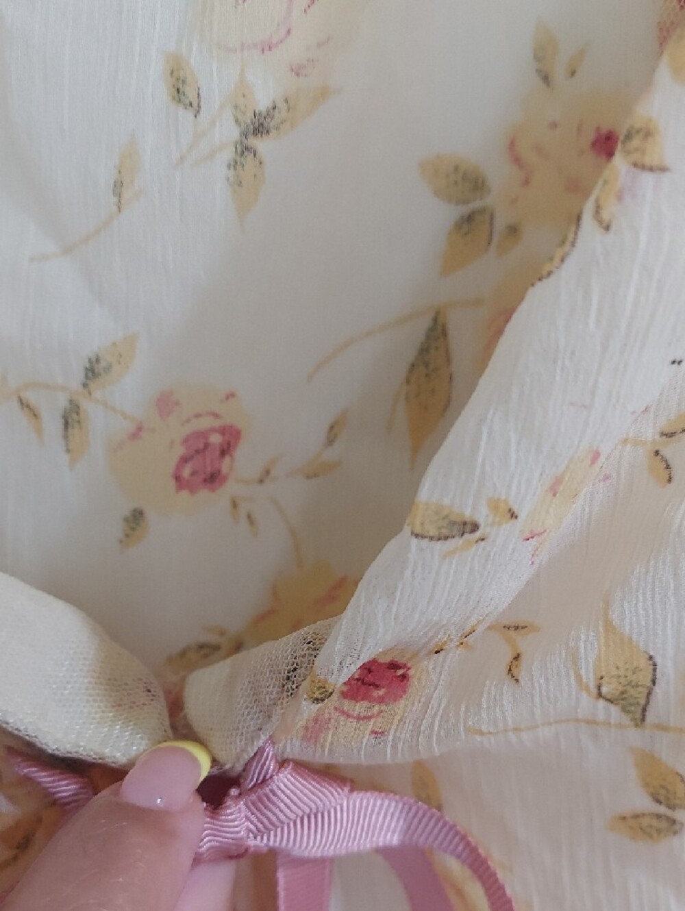 Women's Sheer Floral Tie-Front Blouse - Cream with Pink Floral - Picture 10 of 10